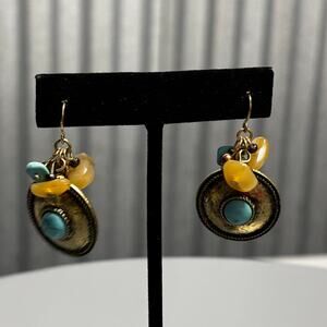 Boho Medallion Earrings Antique Gold Turquoise Dangle‎ Beads Festival Style